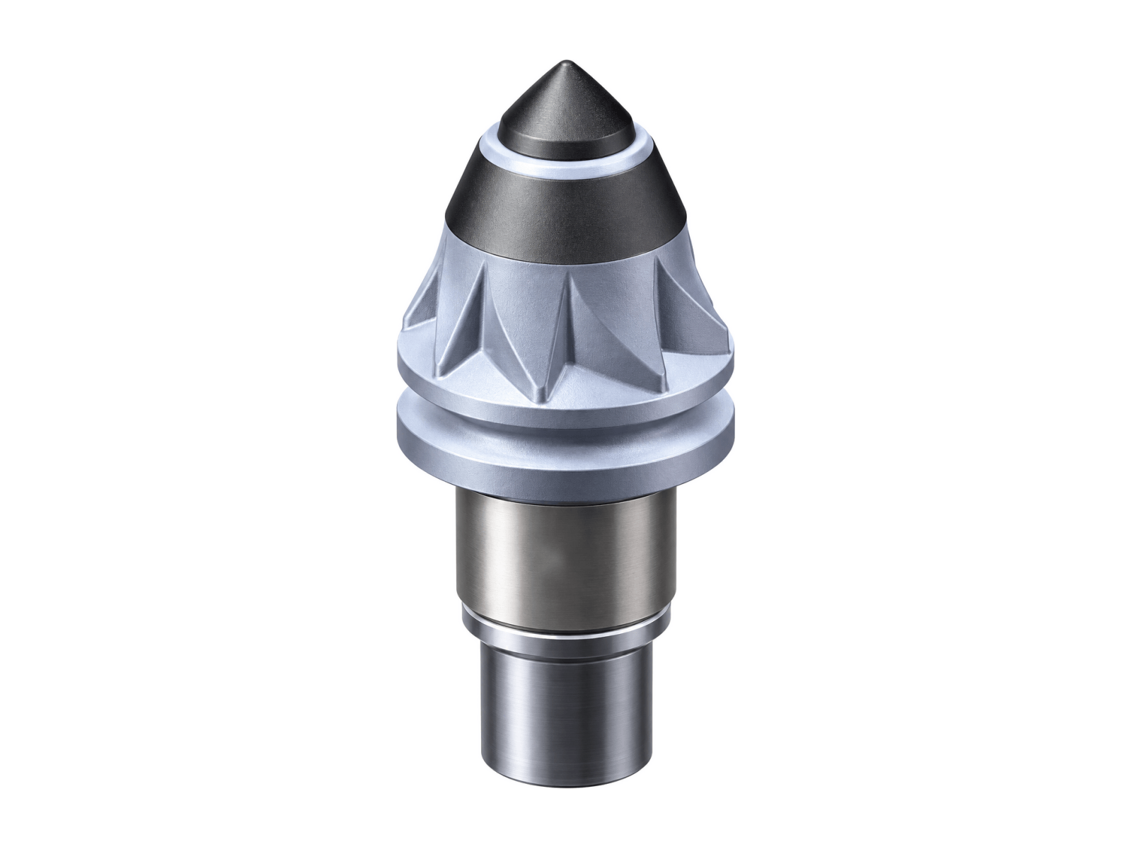 Hard-rock bullet tooth with carbide tip and ribbed steel collar for rotary drilling